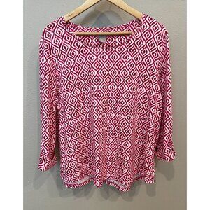 Chico's Women's Pullover Blouse Size XL Ikat Pattern Pink White Casual Work